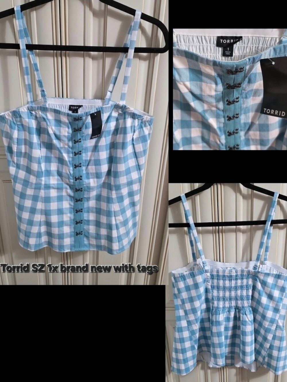 Torrid Blue and White Gingham Hook-Front Cami Top Sz 1x